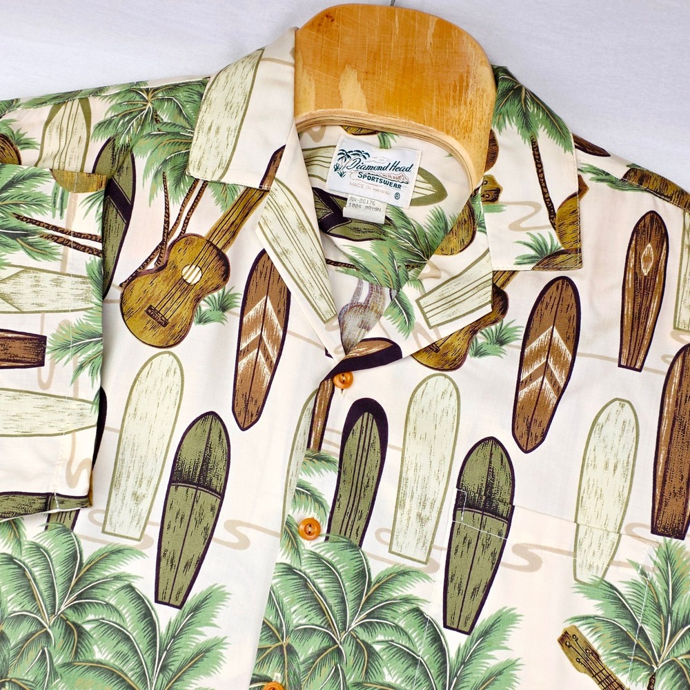 Diamond Head Sportswear Hawaiian Shirt Mens Medium Cream Surfboard Ukulele Rayon